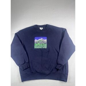 H&M Mens Medium M Relaxed Fit Navy Blue Sweatshirt Mountain Graphic Pullover
